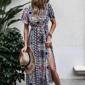 New Allover Print Butterfly Sleeve Split Side Belted Dress Blue